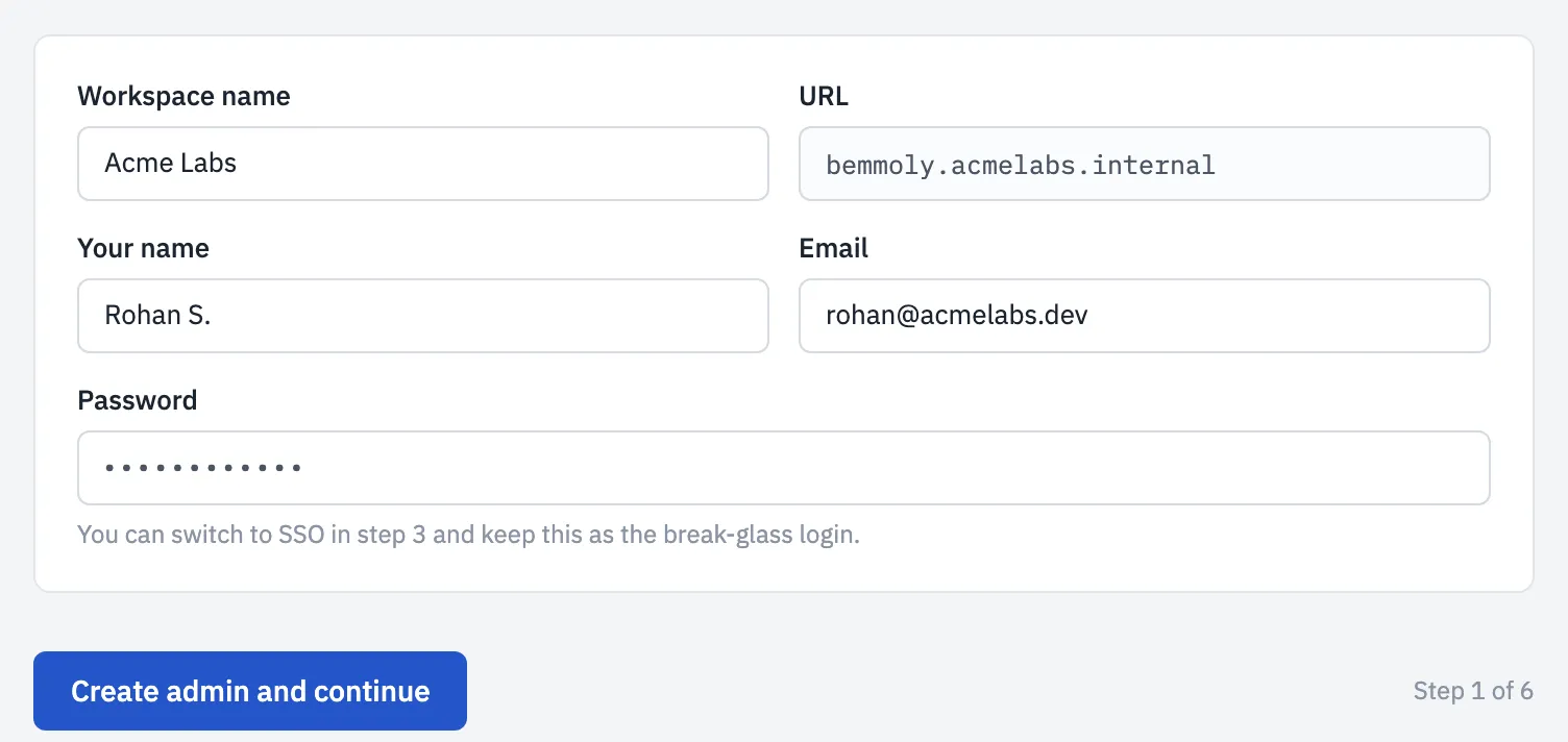 Setup step 1: workspace name, URL, your name, email and password, and a Create admin and continue button.