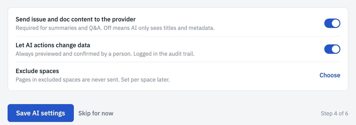 Setup step 4: switches for sending content to the AI provider and letting AI actions change data, with Save and Skip for now.