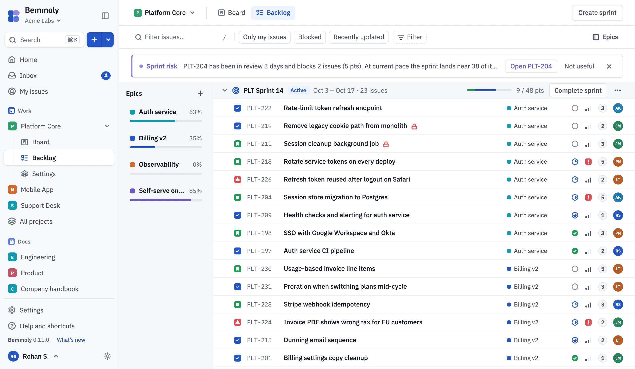 The backlog in the live demo: the running sprint with its issues and points, and what comes next.