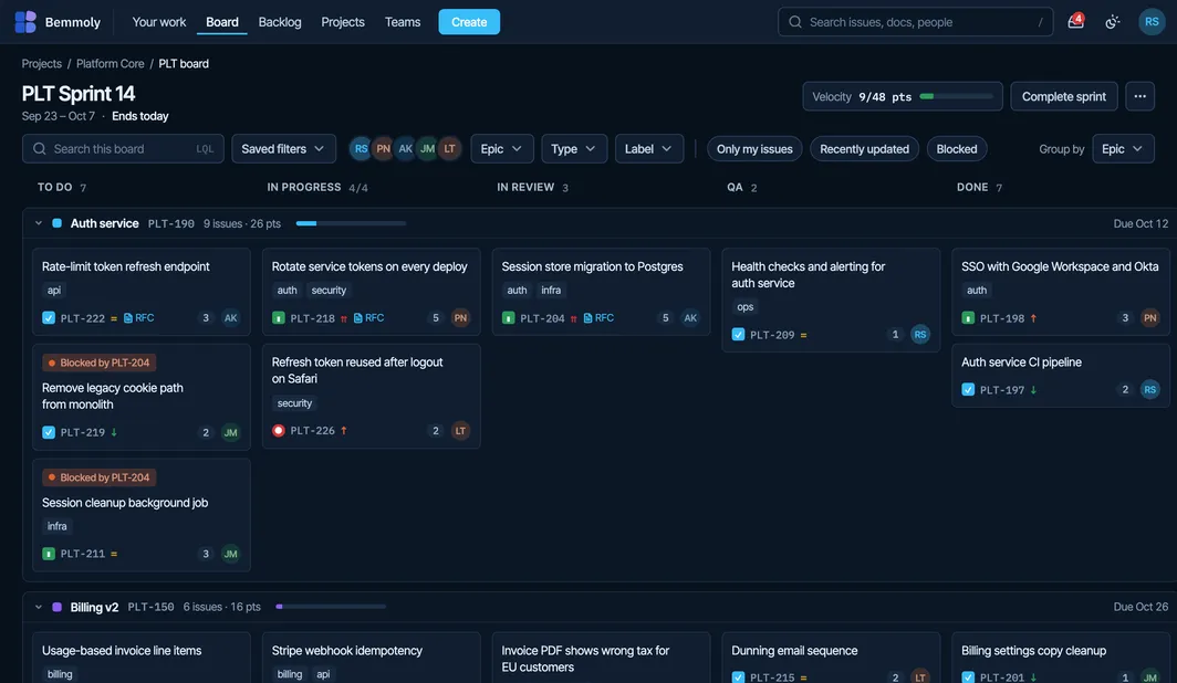 The Platform team’s sprint board in the live demo: columns by status with counts and a WIP limit, swimlanes by epic and cards with their labels, points and assignees.