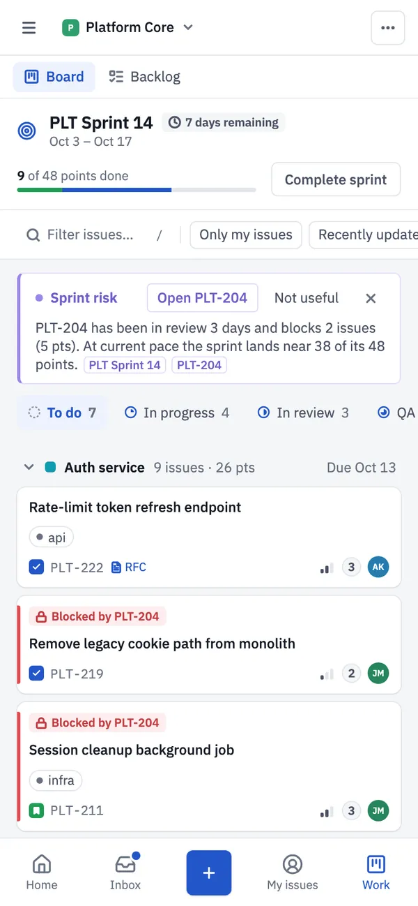 The sprint board on a phone in the live demo, with the sprint’s progress and its columns.
