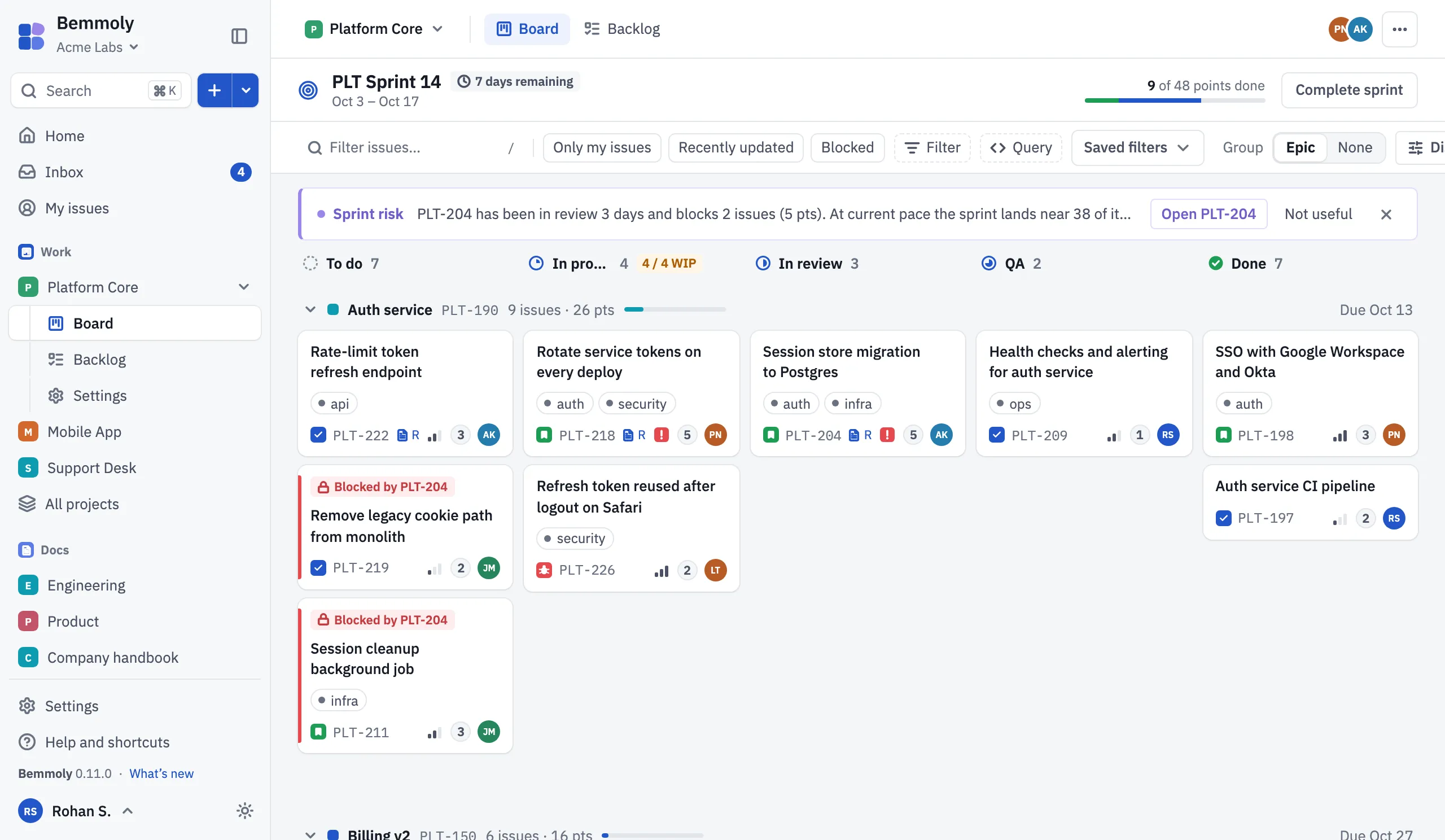 The Platform team’s sprint board in the live demo: one sidebar for Work and Docs, columns by status with counts and a WIP limit, and epics as swimlanes.