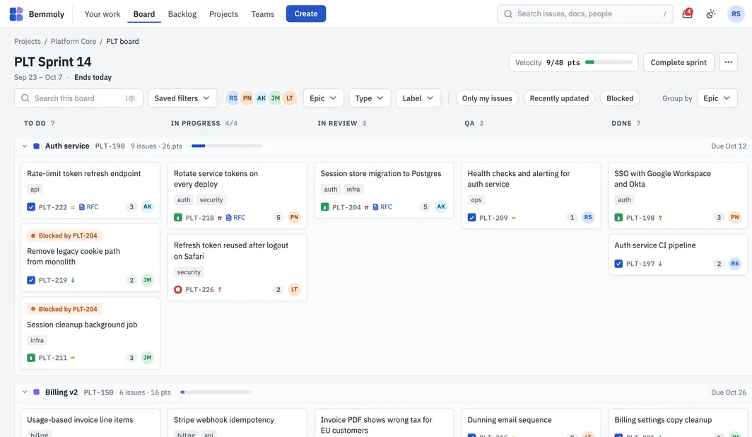 The Platform team’s sprint board in the live demo: columns by status with counts and a WIP limit, swimlanes by epic and cards with their labels, points and assignees.
