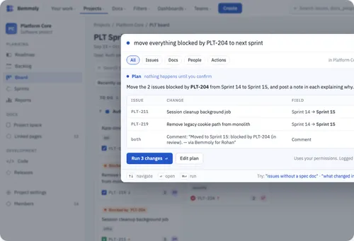The command bar showing a plan to move two blocked issues to the next sprint, waiting for confirmation.