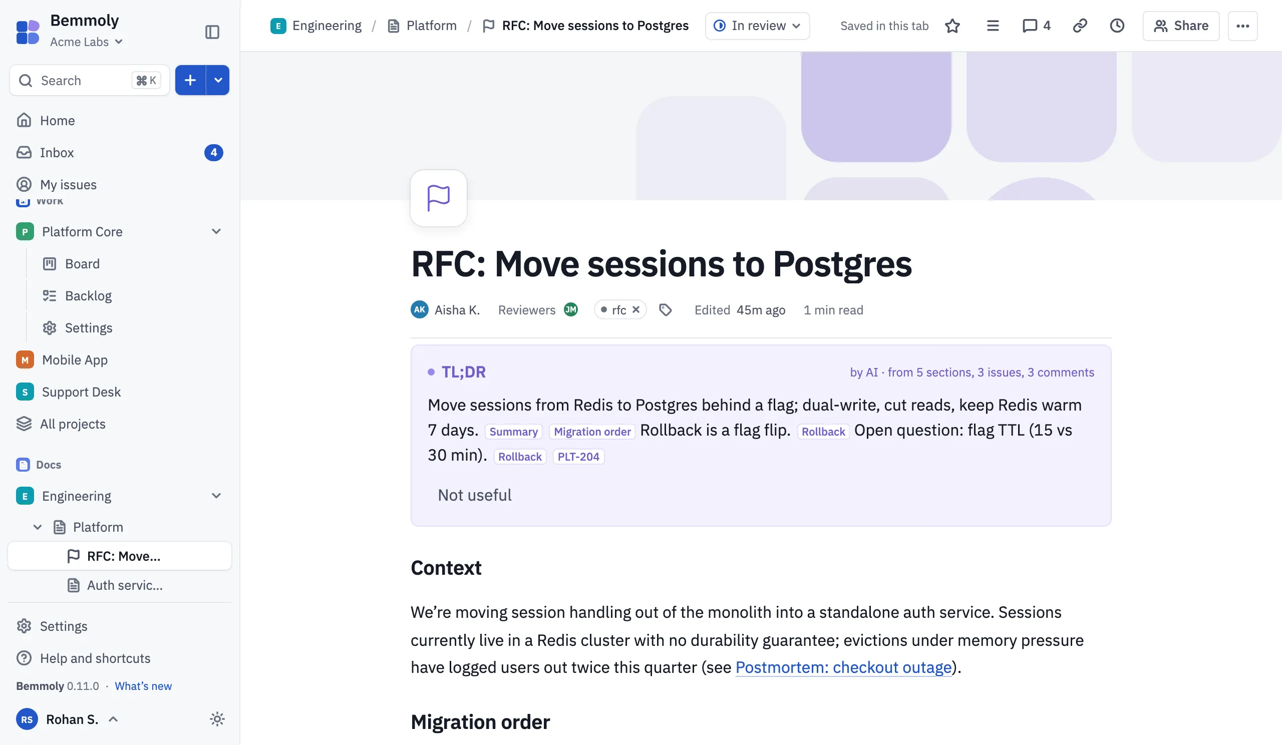 An RFC page in Docs in the live demo, in its space’s page tree, with the issues it links to and their live status.