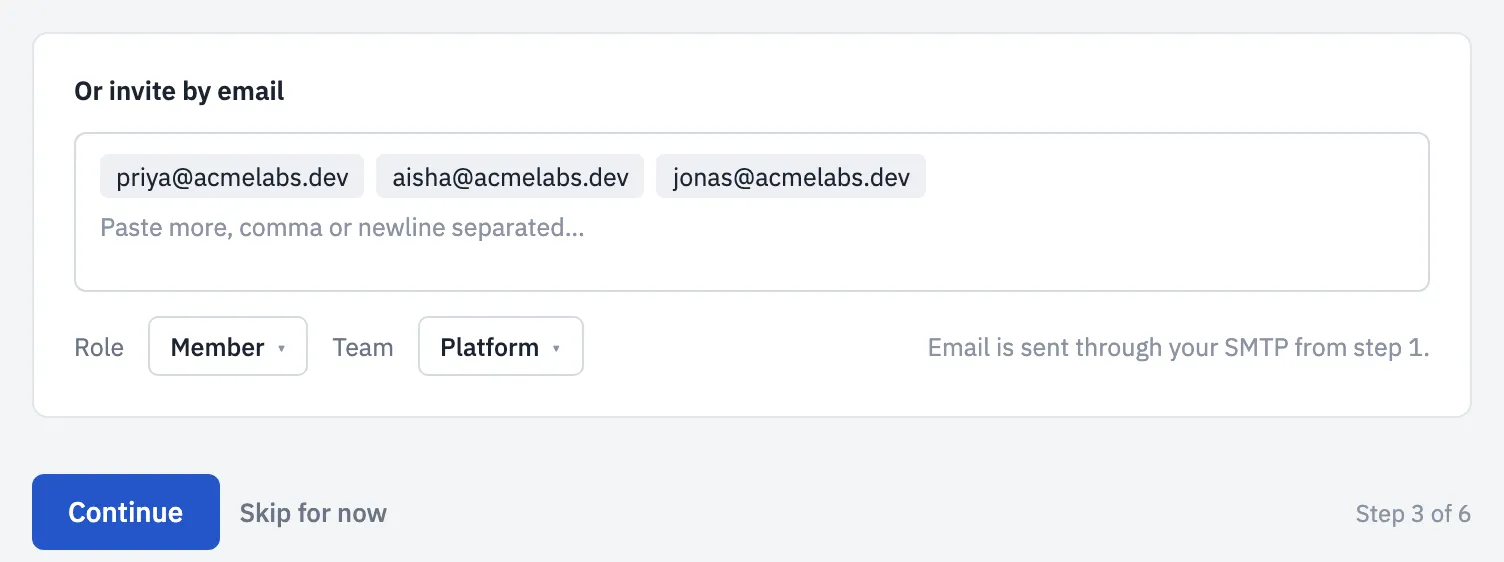 Setup step 3: three email addresses pasted into an invite box, with a role of Member and a team of Platform.