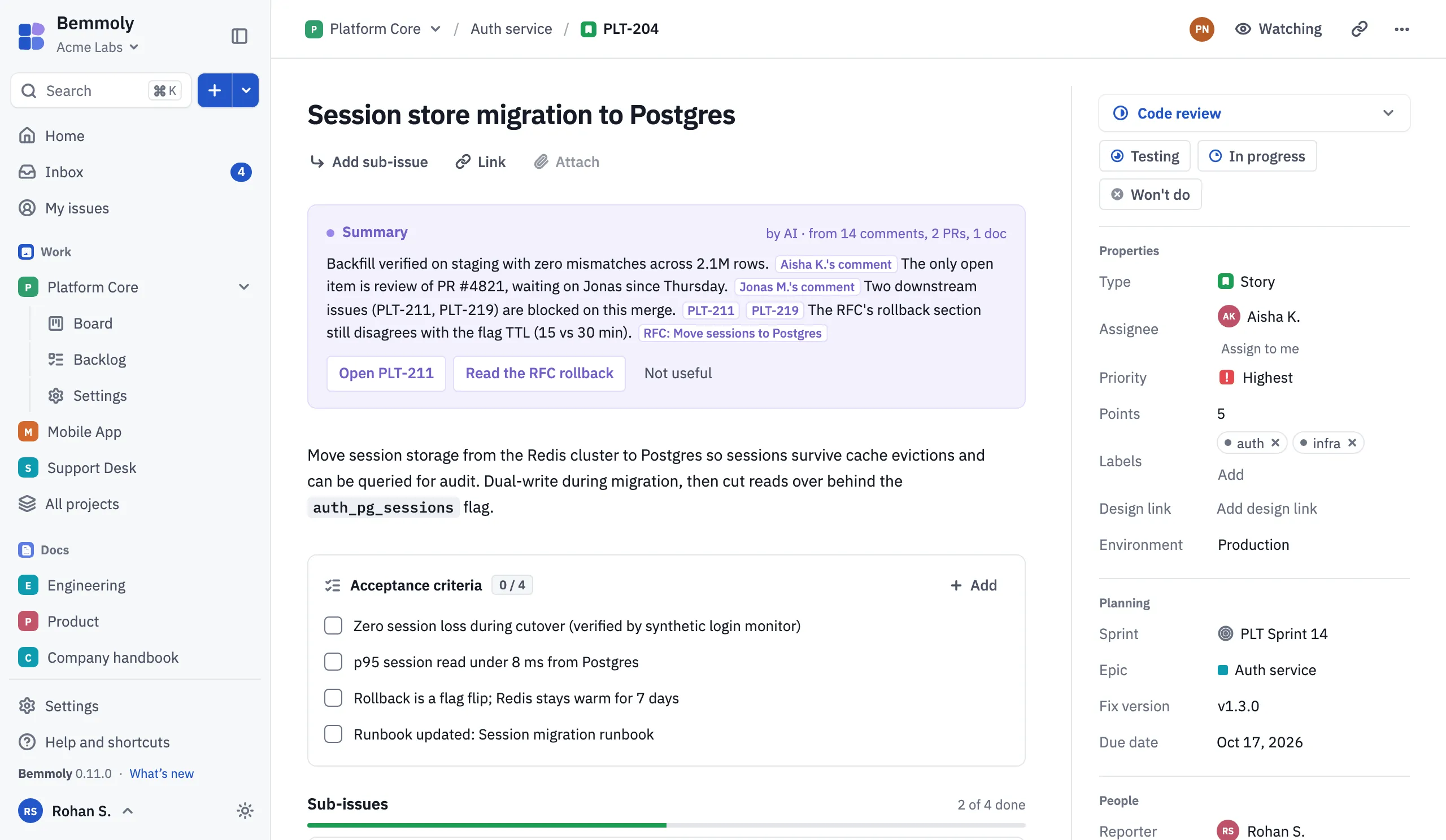 An issue in the live demo: its status, description and activity, with its fields beside it.
